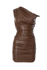 Kadwyn Ruched Asymmetric Faux Leather Mini Dress in Brown