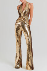 nora gold Sequin halterneck deep V high waist flared jumpsuit