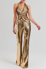 nora gold Sequin halterneck deep V high waist flared jumpsuit