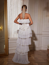 STRAPLESS RUCHED MESH MAXI DRESS IN WHITE