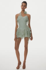 Kyrie Halter Floral Ruffle Mini Dress - Green