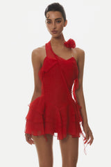 Kyrie Halter Floral Ruffle Mini Dress - Red