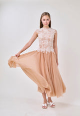 elvira Sequin lace crochet patchwork mesh maxi dress in brown