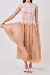 elvira Sequin lace crochet patchwork mesh maxi dress in brown