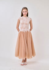 elvira Sequin lace crochet patchwork mesh maxi dress in brown