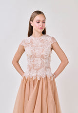 elvira Sequin lace crochet patchwork mesh maxi dress in brown