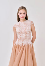 elvira Sequin lace crochet patchwork mesh maxi dress in brown