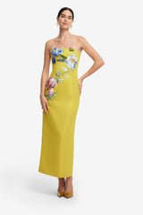 heloise Appliqué Floral Bustier Maxi Dress in yellow