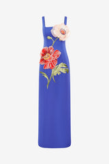 nicola square neck flower embroidery satin maxi dress in blue