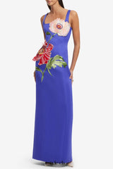 nicola square neck flower embroidery satin maxi dress in blue