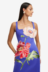 nicola square neck flower embroidery satin maxi dress in blue