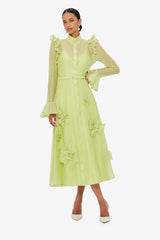 3d flower Butterfly Sleeve Midi Dress - Chartreuse