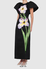 Iris Print Appliqué Floral Maxi Dress in Ebony