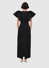 Iris Print Appliqué Floral Maxi Dress in Ebony