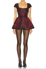 square neck jacquard mini dress in Black Red