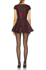 square neck jacquard mini dress in Black Red