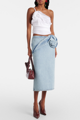 xaviera Floral Appliqué Denim Midi Skirt