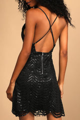 Sequin hollow Mini Dress in black