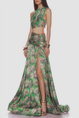 One Shoulder Leave Print Two Piece Set
