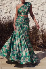 One Shoulder Leave Print Two Piece Set