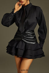 mandy Collar Ruched Ruffle Mini Dress in black