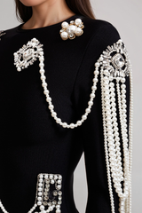 Long Sleeve Diamond Pearls Dress - Black