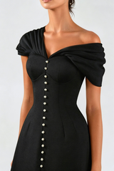 Luzasa Off Shoulder Buttoned Mini Dress - Black