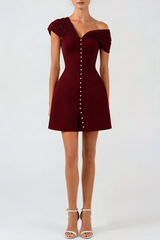 Luzasa Off Shoulder Buttoned Mini Dress - Wine