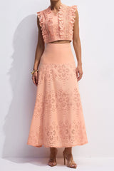 bonnie V-neck Embroidery Crop Top & Skirt Set in orange