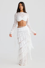 crafted rope crop top lace skirt set in white