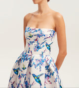 Strapless midi dress with bird and flower print, Garden of Eden