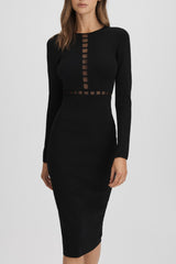 Mesh Detail Midi Dress in Black