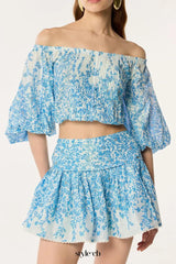 OFF-SHOULDER FLORAL PRINT MINI SKIRT SET IN BLUE