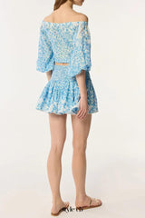 OFF-SHOULDER FLORAL PRINT MINI SKIRT SET IN BLUE