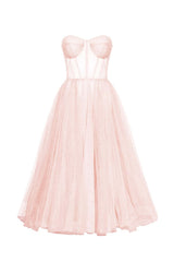 Misty Rose Strapless Puffy Midi Tulle Dress