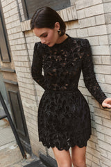 sherry Long-sleeved zippered lace mini dress in black