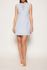 Tweed Bow embellished sleeveless mini dress in blue