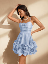 diana Spaghetti Flower Ruffle Mini Dress In Blue