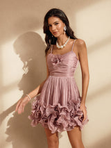 Naiya Spaghetti Flower Ruffle Mini Dress In Pink