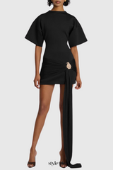 Draped Embellished Mini Dress - Black
