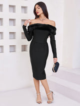 Fuzzy Trim Split Bodycon strapless midi Dress in black