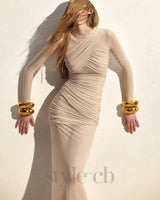 long sleeve mesh insert draped maxi dress