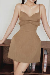 arabela bow-embellished mini dress in camel