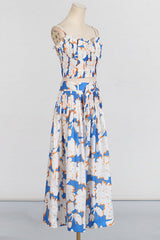 Pleated floral-print linen bustier top skirt set in blue