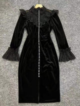 pandora black long sleeve Velvet midi dress with lace and pearls