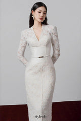 kimberley white v-neck lace patchwork midi dress