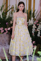 Lemon Yellow Strapless Long Cocktail Dress-Butter Cup