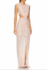 vivien flower sequin cutout maxi dress in apricot
