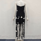 hilary black flower tassel strapless mini dress