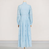 retro single-breasted hollow lace midi dress in blue